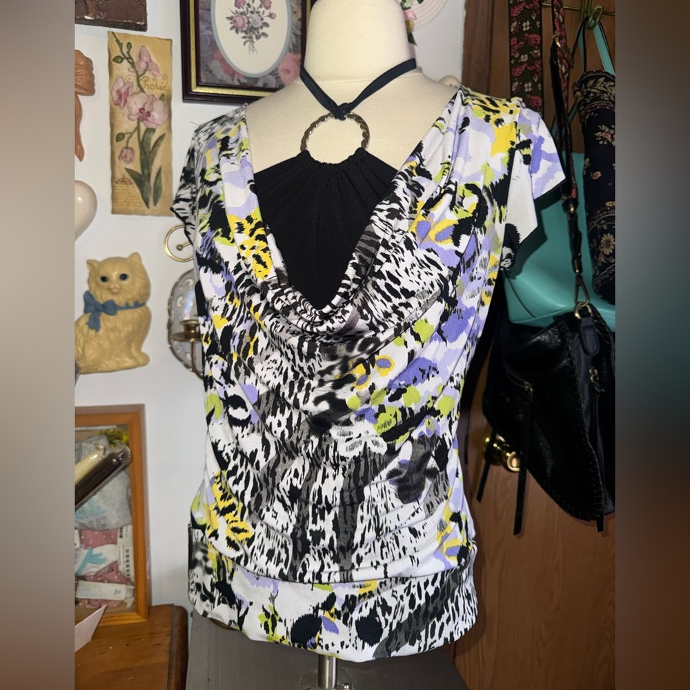 Y2K Iz Byer Black, White, Yellow & Lavender Draped-Neck Blouse with halter tie